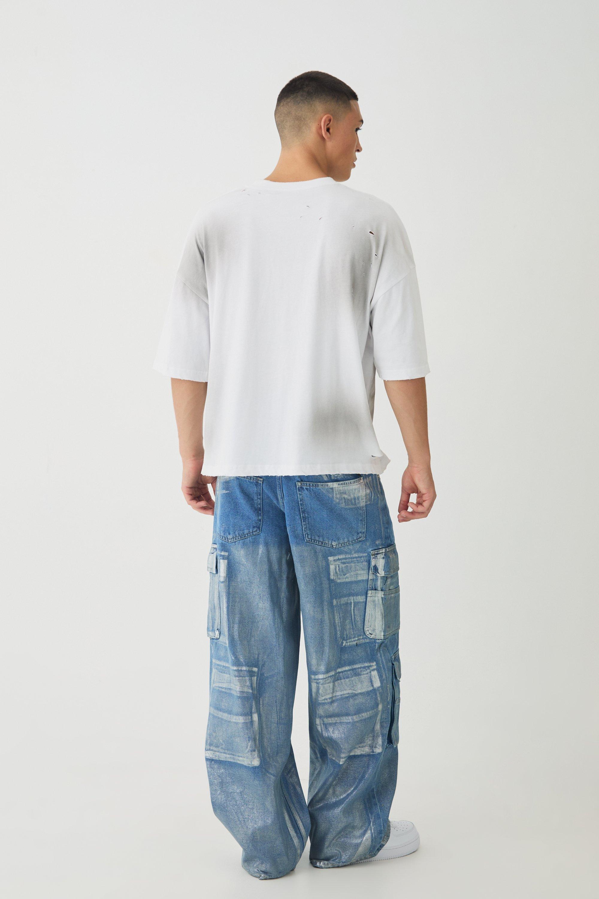 Baggy Rigid Sliver Metallic Coated Denim Cargo Jeans Baggy Rigid Sliver Metallic Coated Denim Cargo Jeans